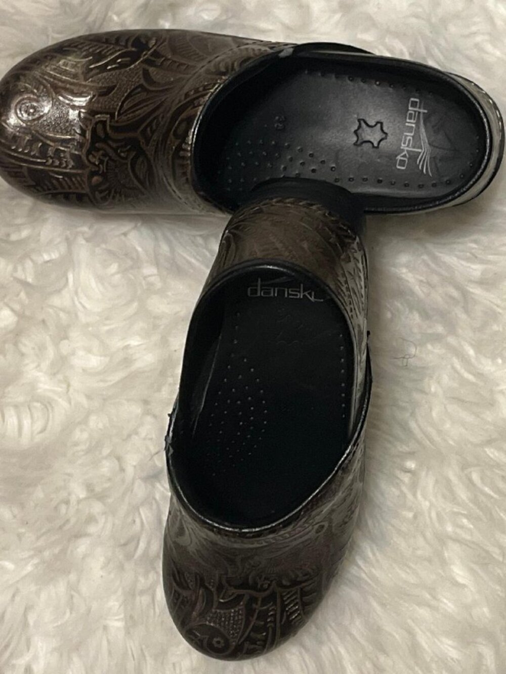 Dansko Professional Bronze Tooled Leather Clogs Floral Paisley Size 38 US 7.5-8